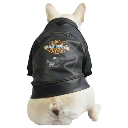 Chaqueta Harley para perros en cuerina negra vista trasera 
con estampado DTF Animal Power - Animal Power Colombia
2