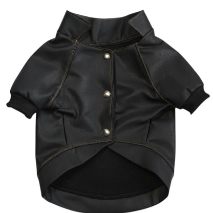 Chaqueta Harley para perros en cuerina negra vista trasera 
con estampado DTF Animal Power - Animal Power Colombia
7