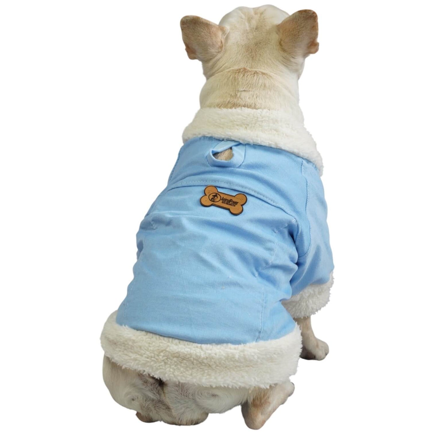 Chaqueta de pana azul para perros y gatos vista frontal 
con marquilla Animal Power Colombia
2