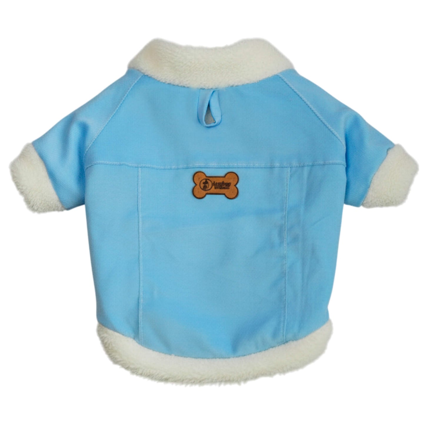 Chaqueta de pana azul para perros y gatos vista frontal 
con marquilla Animal Power Colombia
6