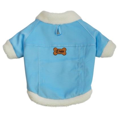 Chaqueta de pana azul para perros y gatos vista frontal 
con marquilla Animal Power Colombia
6