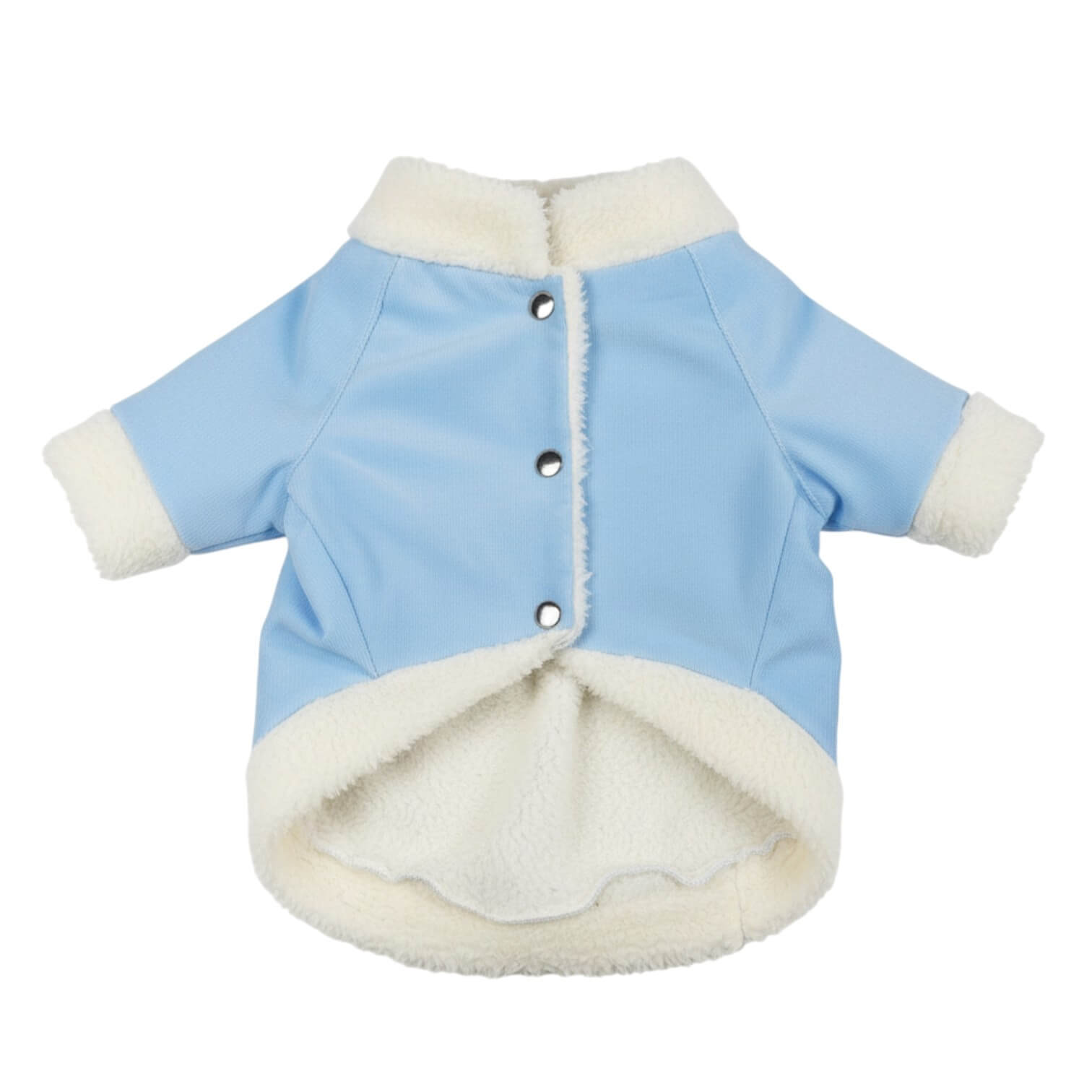 Chaqueta de pana azul para perros y gatos vista frontal 
con marquilla Animal Power Colombia
8