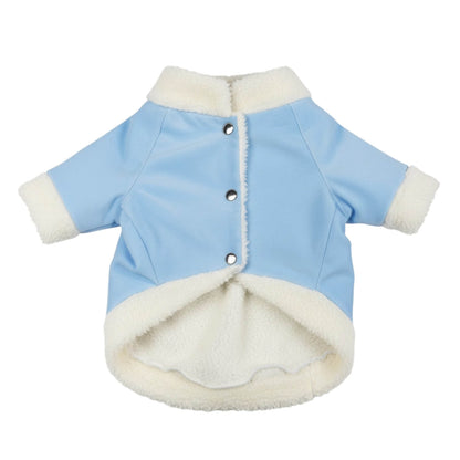 Chaqueta de pana azul para perros y gatos vista frontal 
con marquilla Animal Power Colombia
8