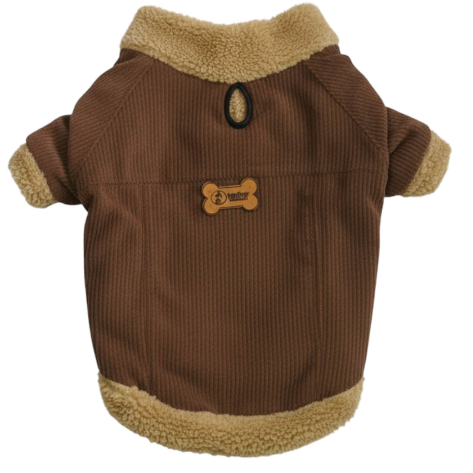 Chaqueta de pana café para perros y gatos vista frontal 
con marquilla Animal Power Colombia
