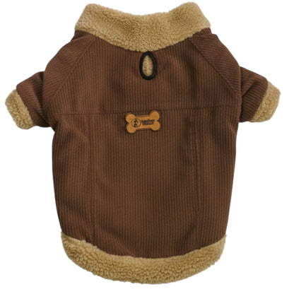 Chaqueta de pana café para perros y gatos vista frontal 
con marquilla Animal Power Colombia
