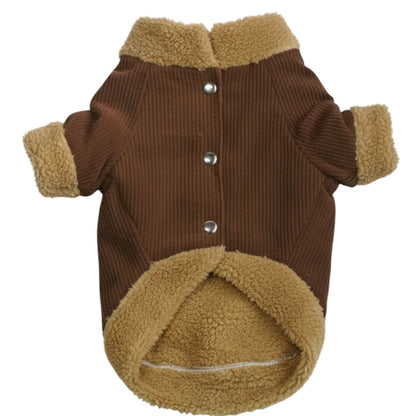 Chaqueta de pana café para perros y gatos vista frontal 
con marquilla Animal Power Colombia
