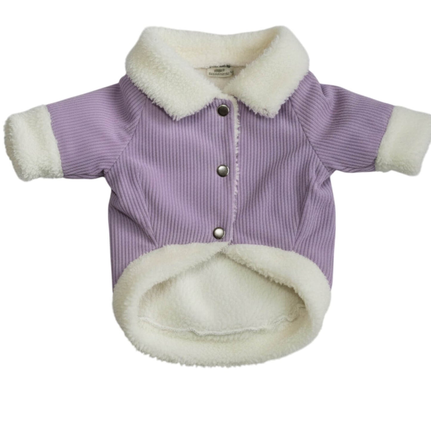Chaqueta de pana morada para perros y gatos vista frontal 
con marquilla Animal Power Colombia
5