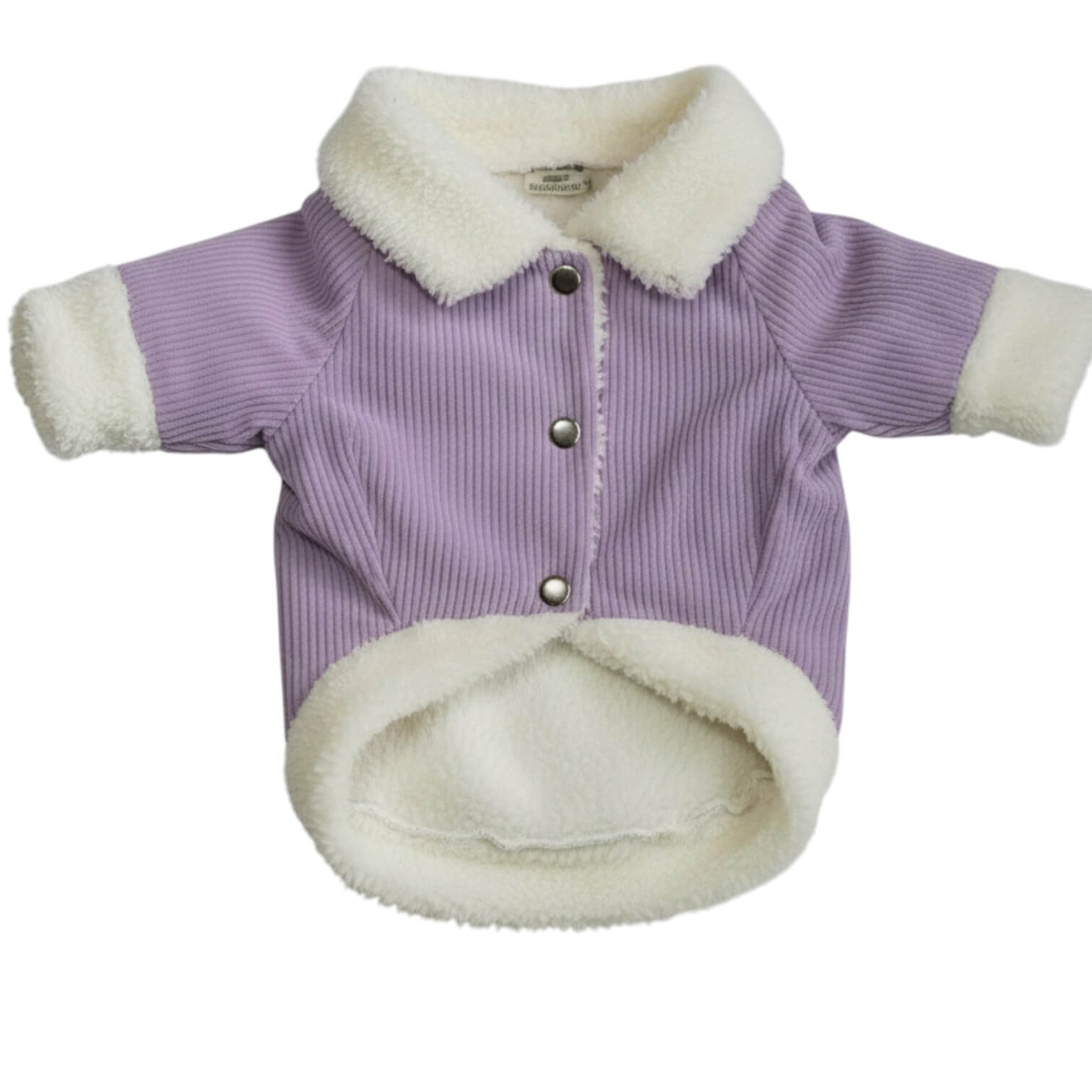 Chaqueta de pana morada para perros y gatos vista frontal 
con marquilla Animal Power Colombia
5