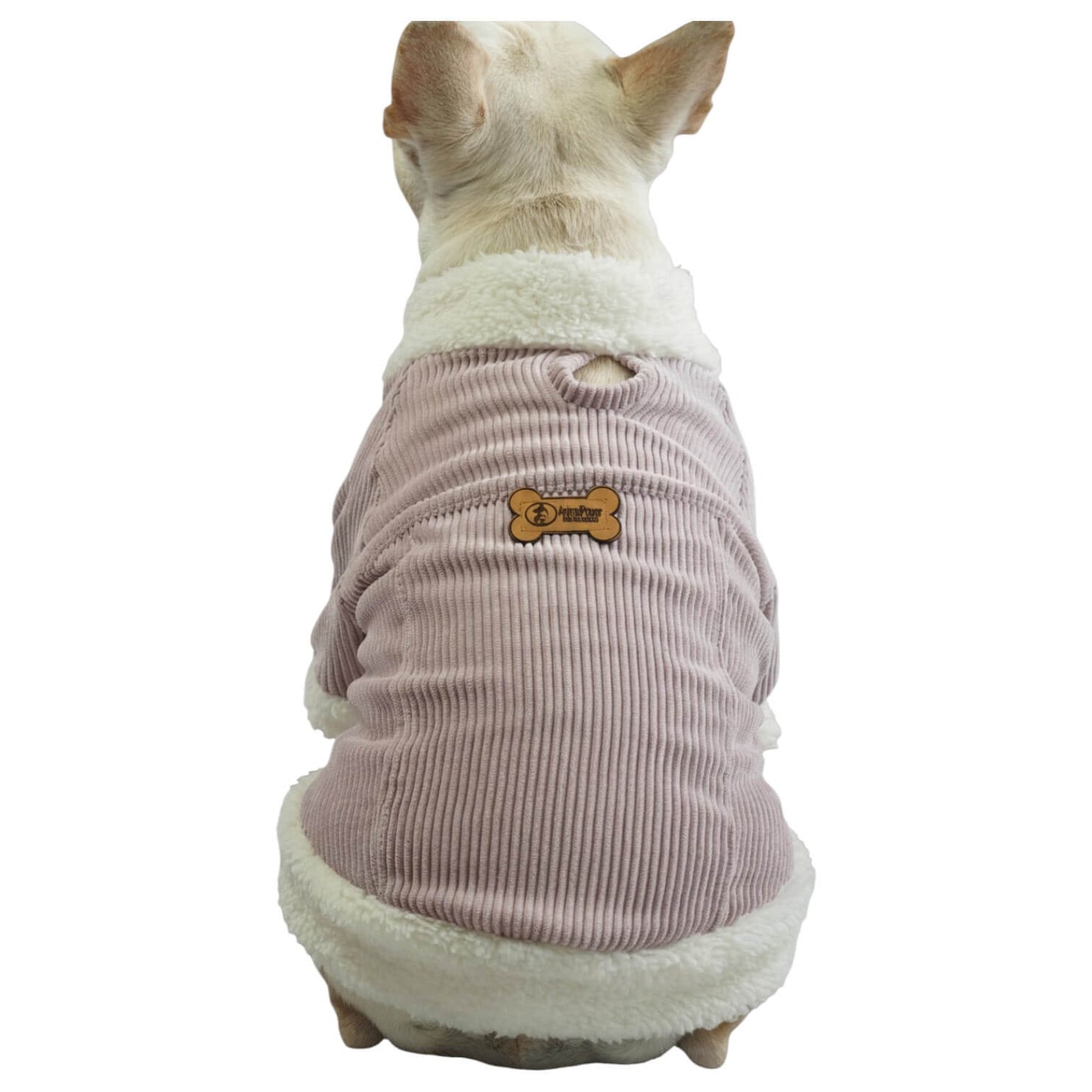 Chaqueta de pana rosada para perros y gatos vista frontal 
con marquilla Animal Power Colombia
3
