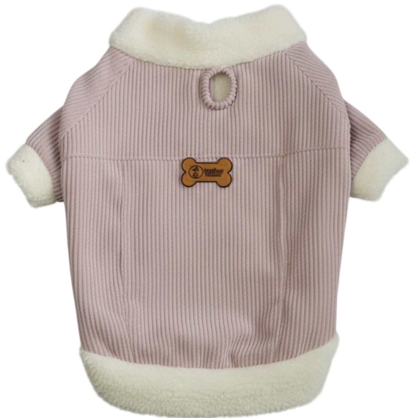 Chaqueta de pana rosada para perros y gatos vista frontal 
con marquilla Animal Power Colombia
2