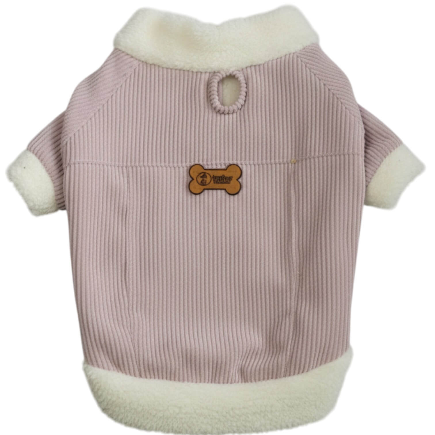 Chaqueta de pana rosada para perros y gatos vista frontal 
con marquilla Animal Power Colombia
2