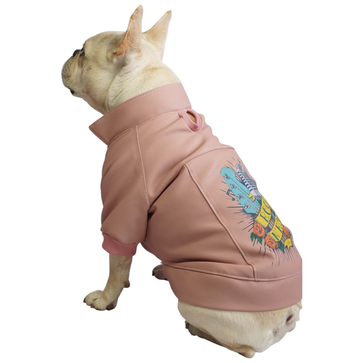 Chaqueta Rock Star para perros y gatos en cuerina rosada 
vista frontal - Animal Power Colombia
3