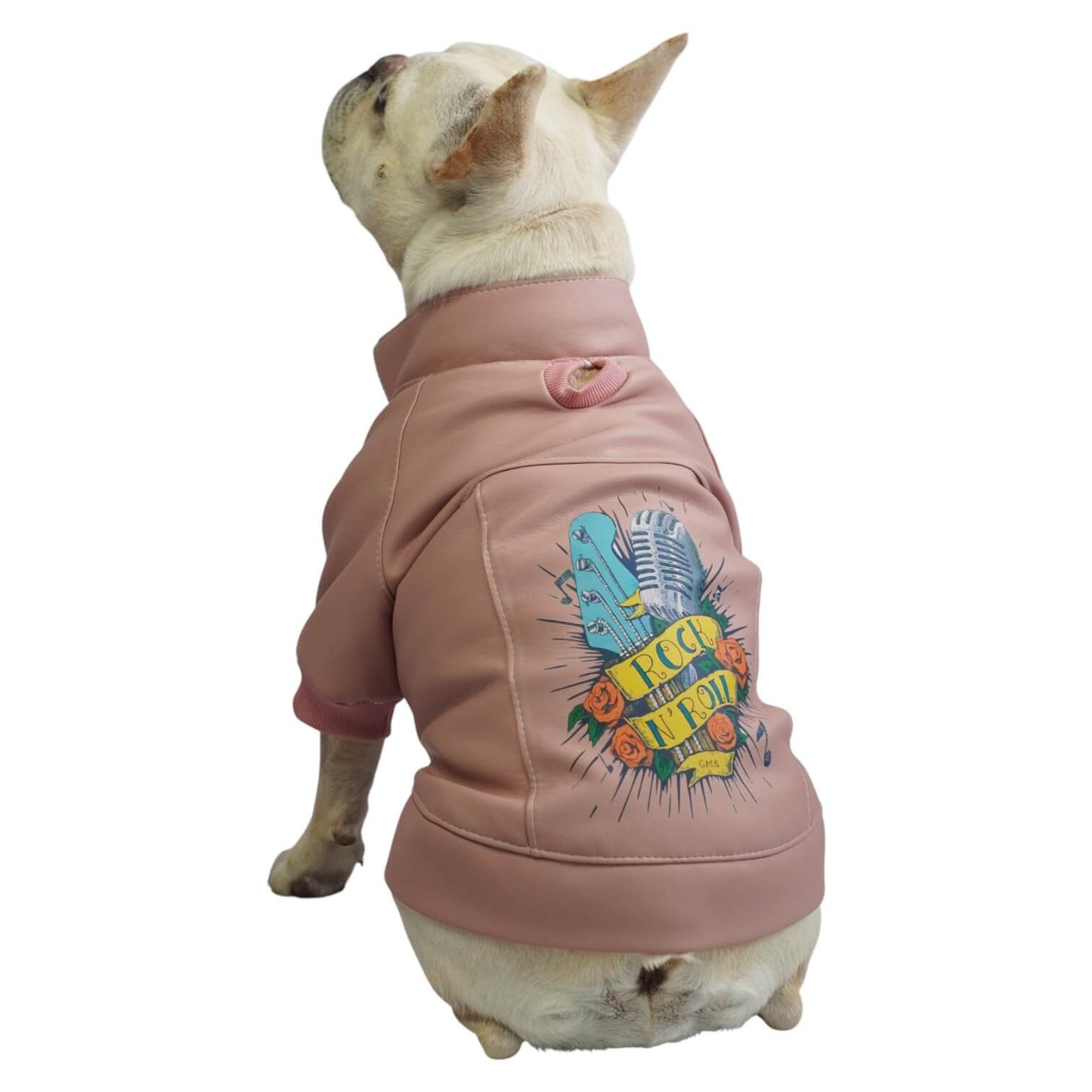 Chaqueta Rock Star para perros y gatos en cuerina rosada 
vista frontal - Animal Power Colombia
2