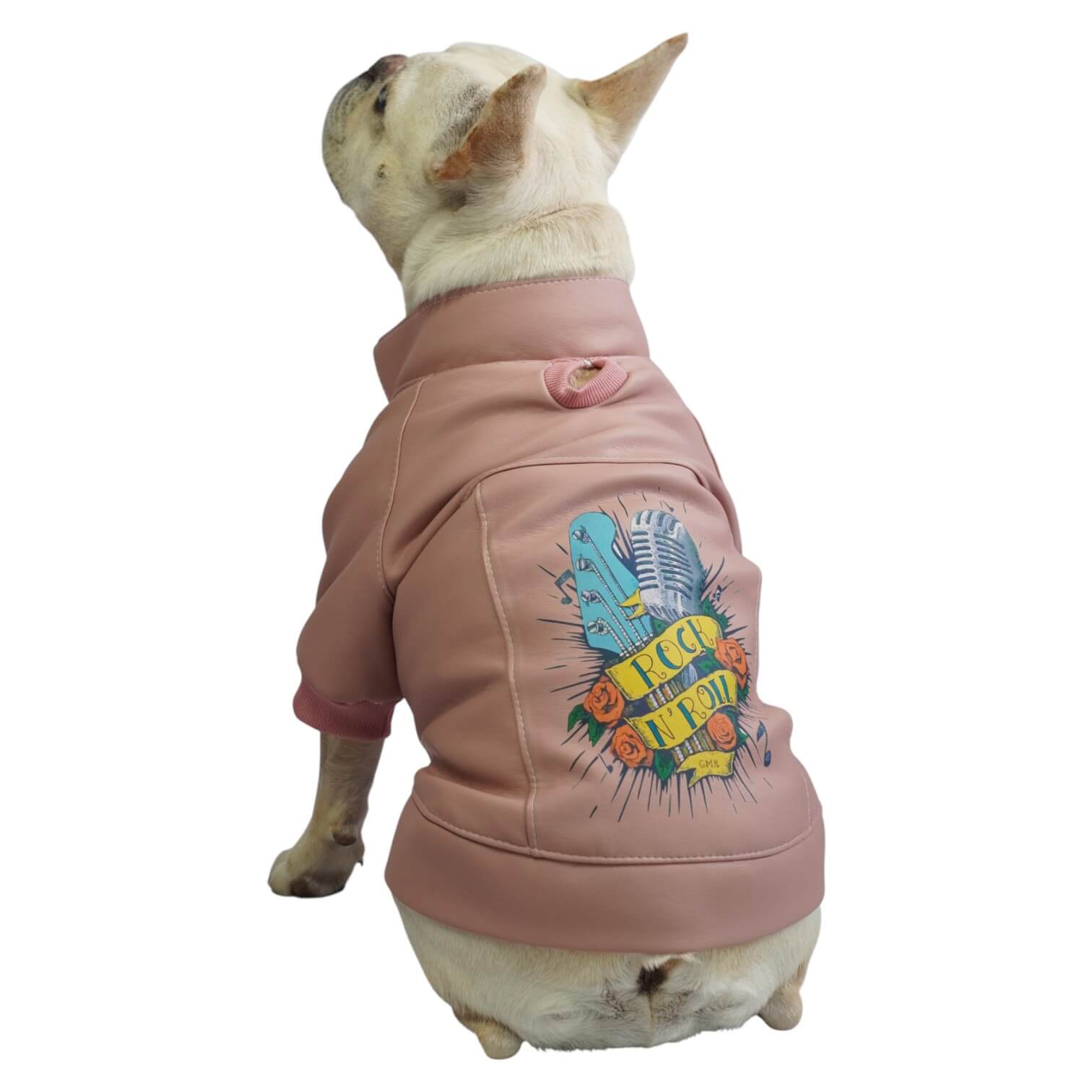 Chaqueta Rock Star para perros y gatos en cuerina rosada 
vista frontal - Animal Power Colombia
2