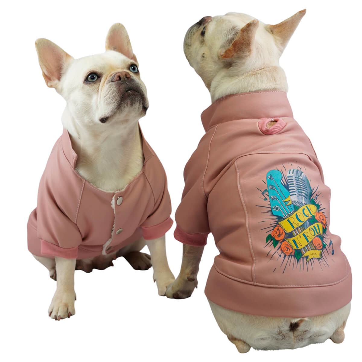 Chaqueta Rock Star para perros y gatos en cuerina rosada 
vista frontal - Animal Power Colombia
