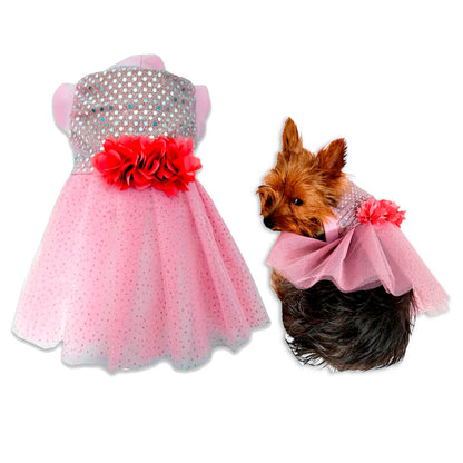  Vestido de Gala rosado para perras y gatas en tela suave 
y tul vista frontal - Animal Power Colombia
