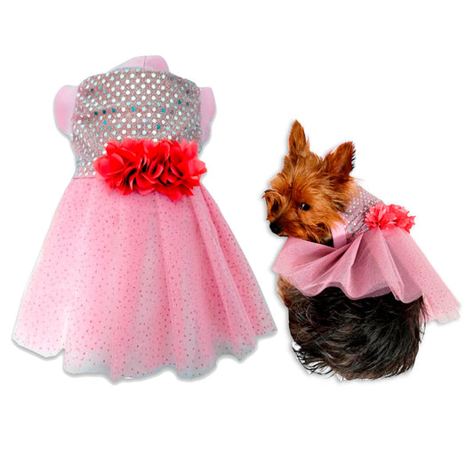  Vestido de Gala rosado para perras y gatas en tela suave 
y tul vista frontal - Animal Power Colombia
