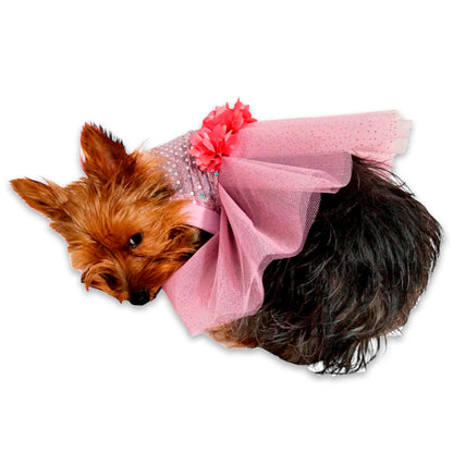  Vestido de Gala rosado para perras y gatas en tela suave 
y tul vista frontal - Animal Power Colombia
