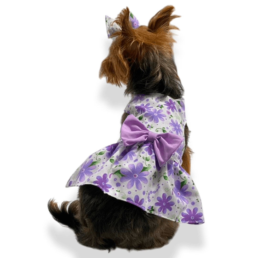  Vestido Imperio morado para perras y gatas en antifluido 
suave vista frontal - Animal Power Colombia

