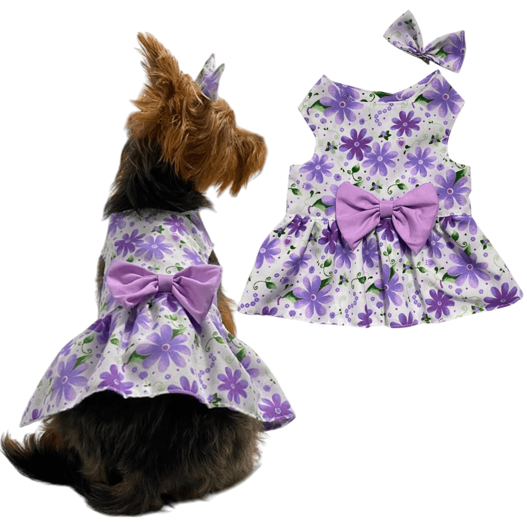  Vestido Imperio morado para perras y gatas en antifluido 
suave vista frontal - Animal Power Colombia
