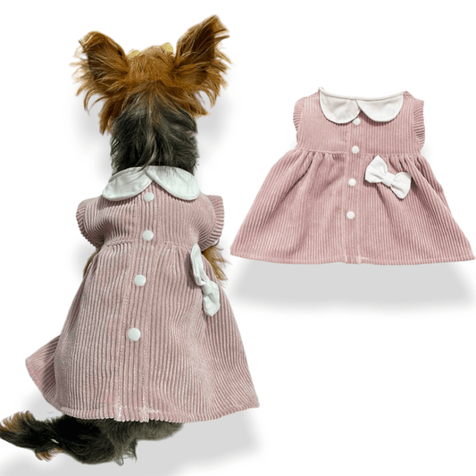  Vestido Victoria para perras y gatas en pana rosada 
vista frontal - Animal Power Colombia
