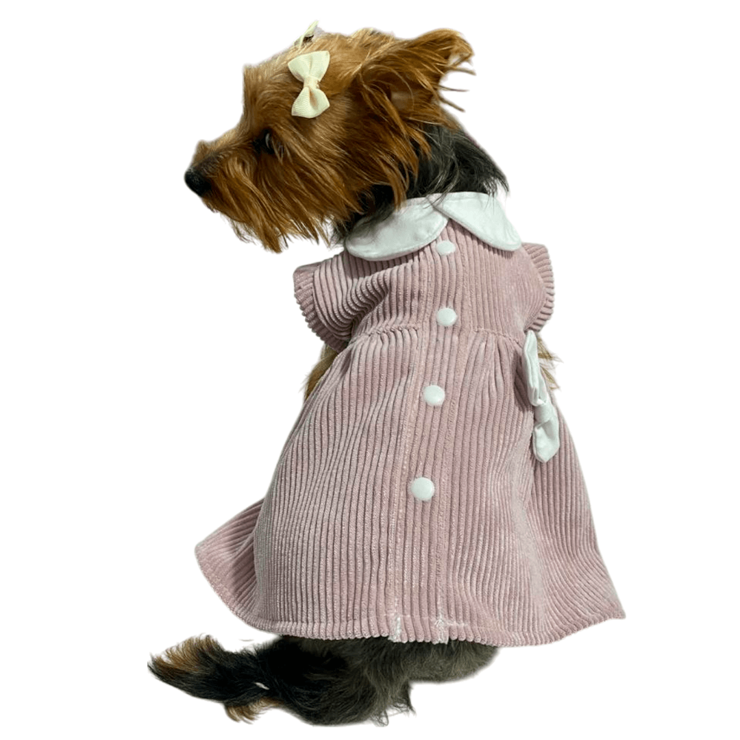  Vestido Victoria para perras y gatas en pana rosada 
vista frontal - Animal Power Colombia
